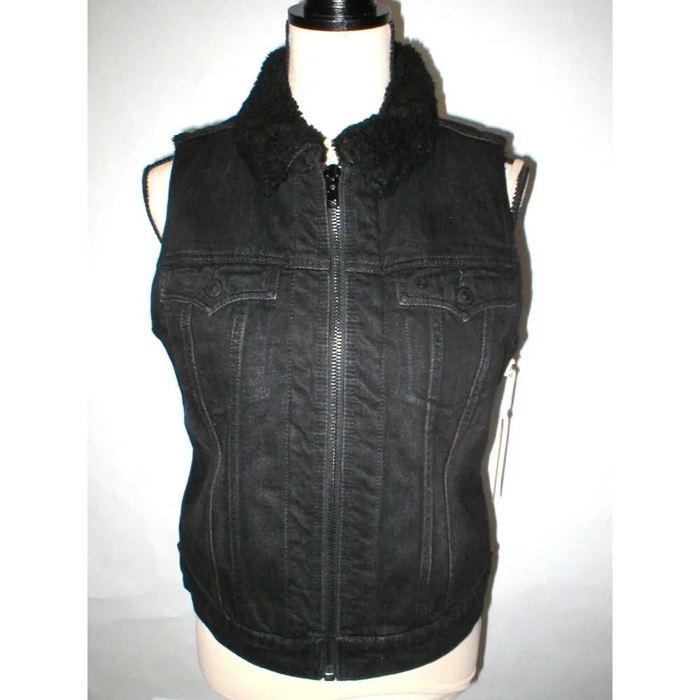 New NWT 228 Womens True Religion Jeans Designer L Black Vest Sherpa Lined Jacket - Image 2