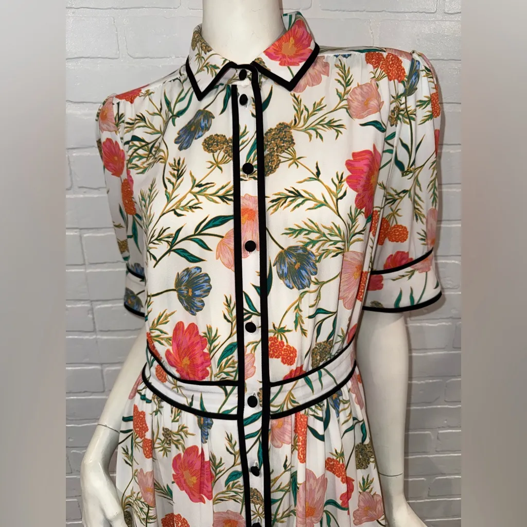 Kate Spade Picnic Perfect Blossom Fluid Floral Button Up Dress with Black Trim - Image 3