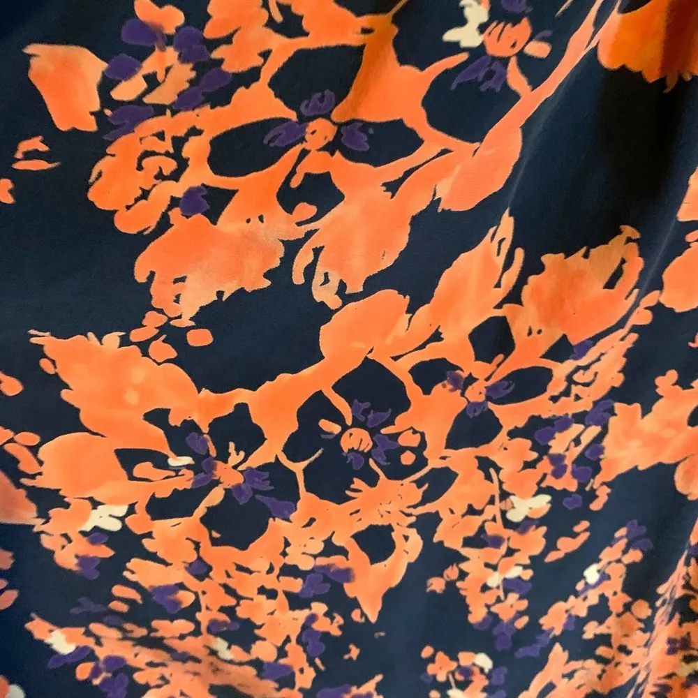 Parker 100% silk Floral Printed Navy Orange Purple ruched flare mini dress - Image 10