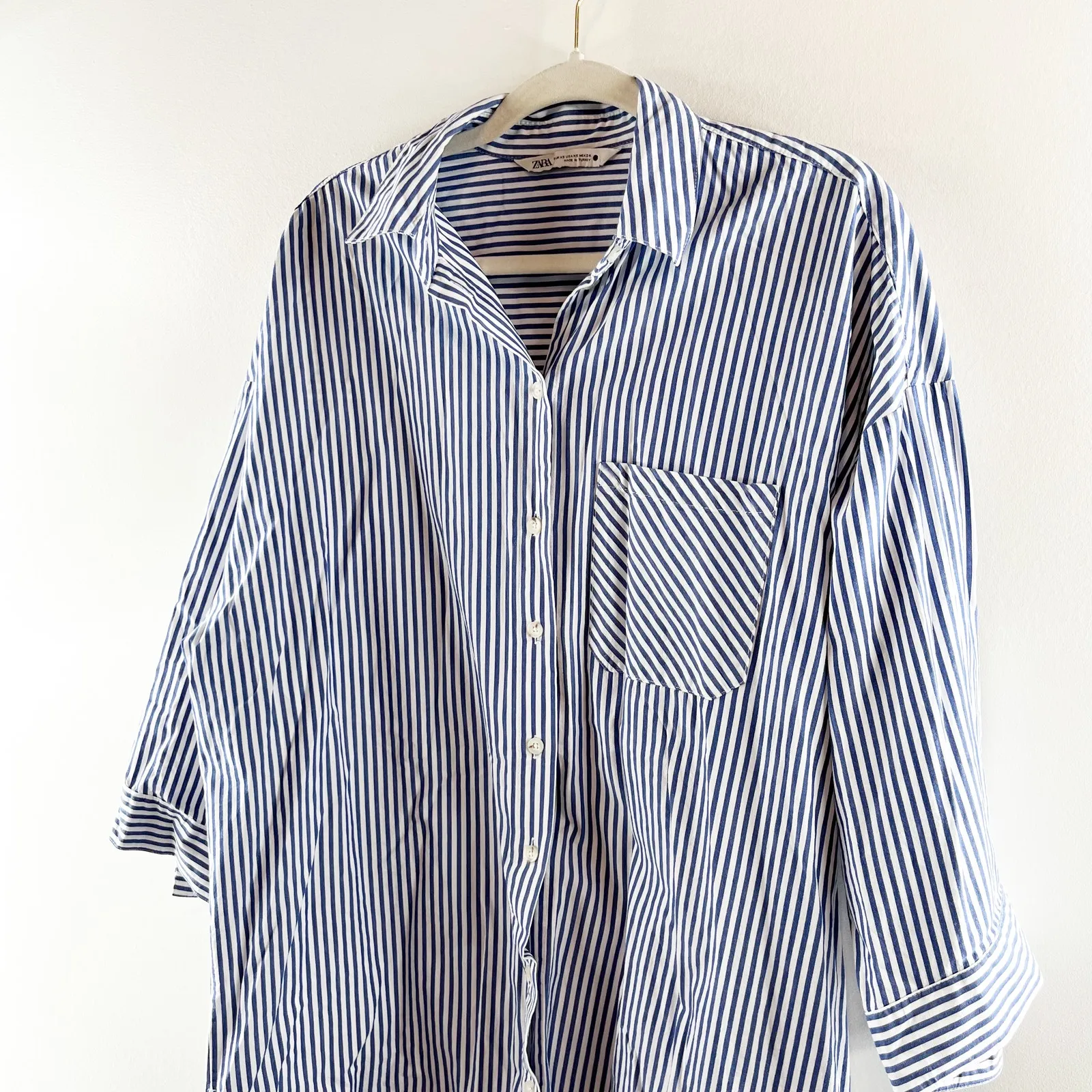 Zara Striped 3/4 Sleeve Oversized Poplin Tunic Button-Up Shirt Blue White XS - Image 5