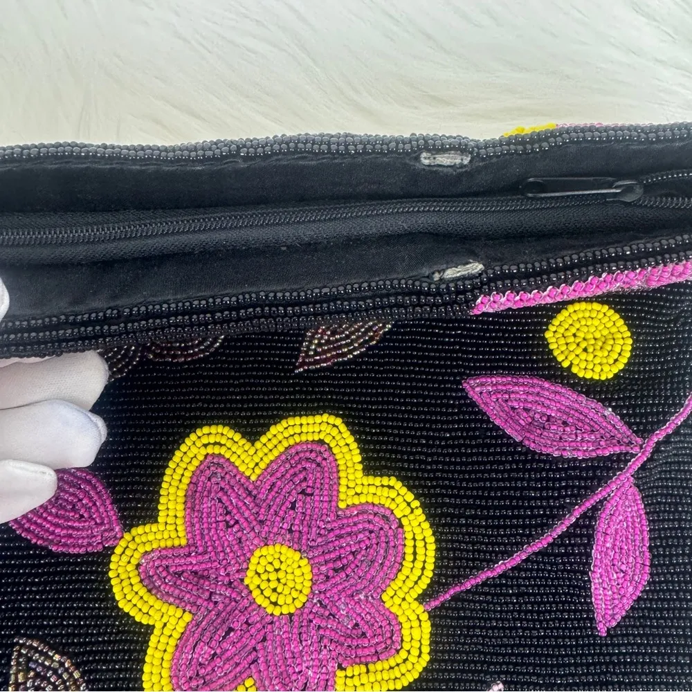 Vintage Beaded Flower Purse Clutch Black - Image 8