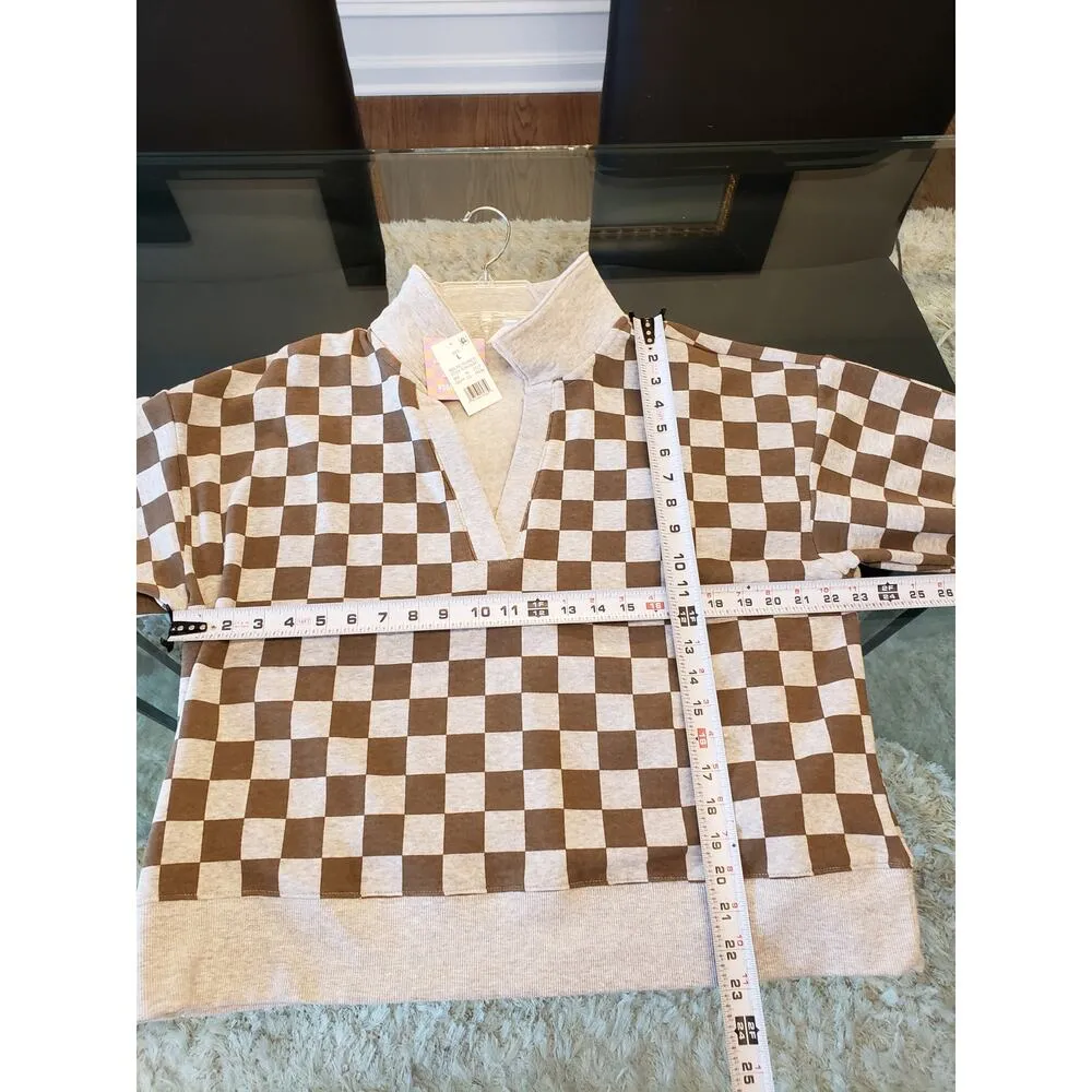 Ascot + Hart Sweater Womens Large Gray Brown Check Ribbed Sleeve V Neck Pullover - Image 8