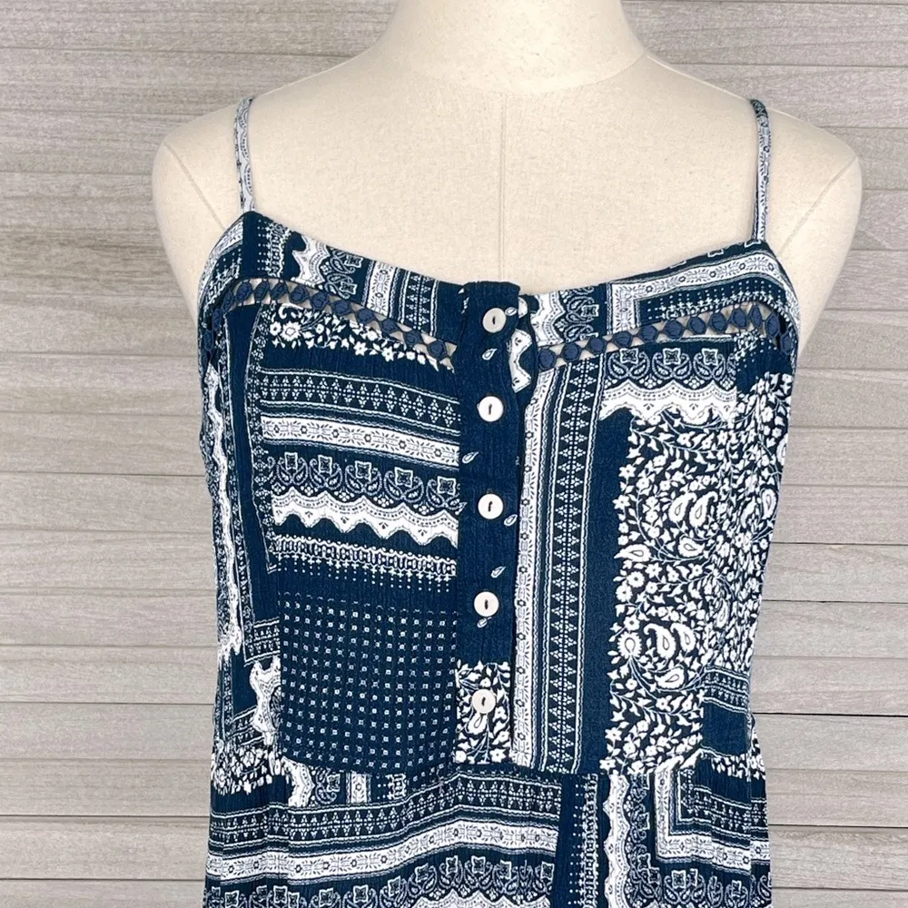 KNOX ROSE Sundress Gauzy Crinkle Crochet Trim Blue/White Patchwork Print-Large - Image 2