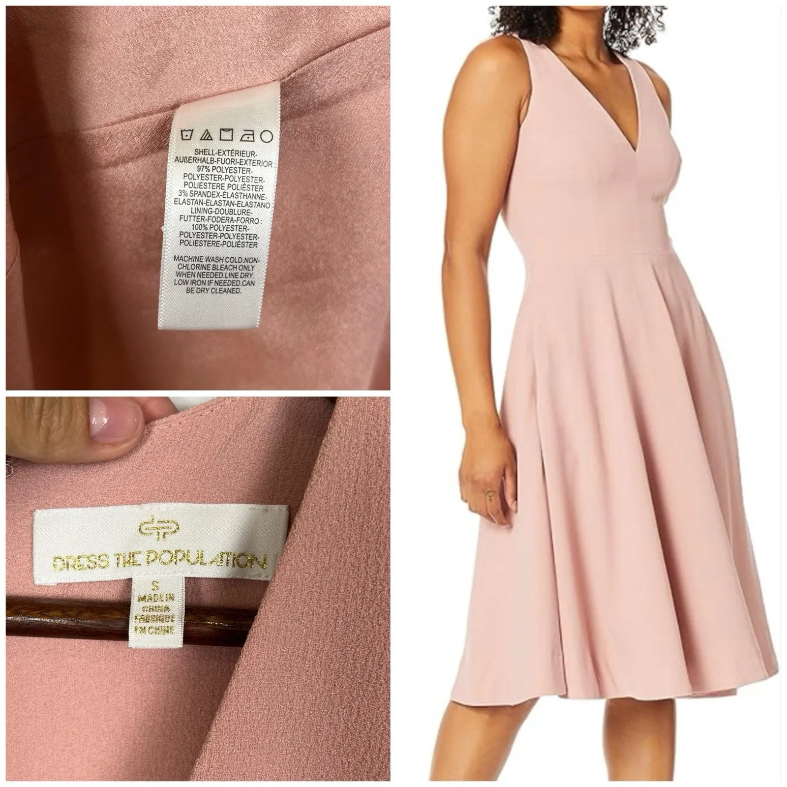 Dress the Population Blush Pink Midi Dress S Sleeveless V Neck Fit Flare - Image 7