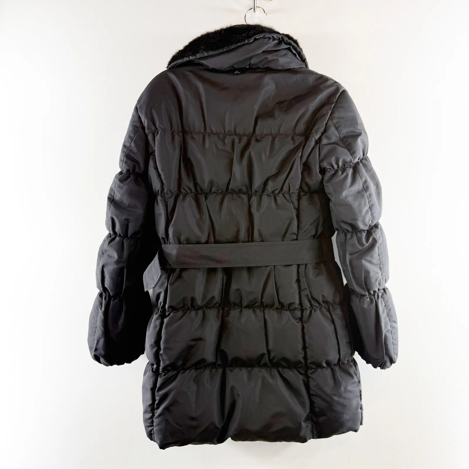 Prada Down Fur Trim Parka Puffer Coat Jacket Belted Black 42 / 12 - Image 3