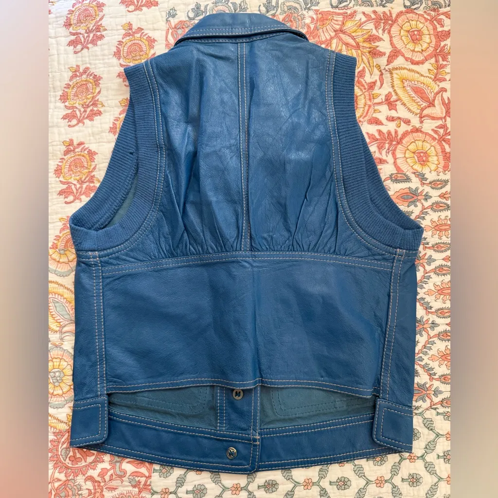 Italian Vintage | LA MATTA Teal Blue Blush Button Knit Armscyes Leather Vest - Image 8