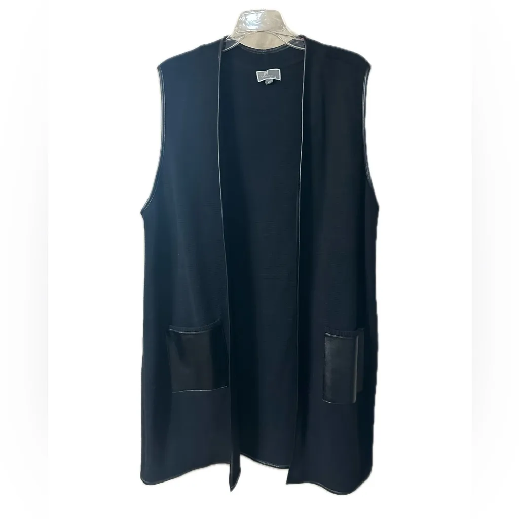 JM Collection Vest with Faux-Leather Trim Size 2X Long Oversized Waffle Knit - Image 2