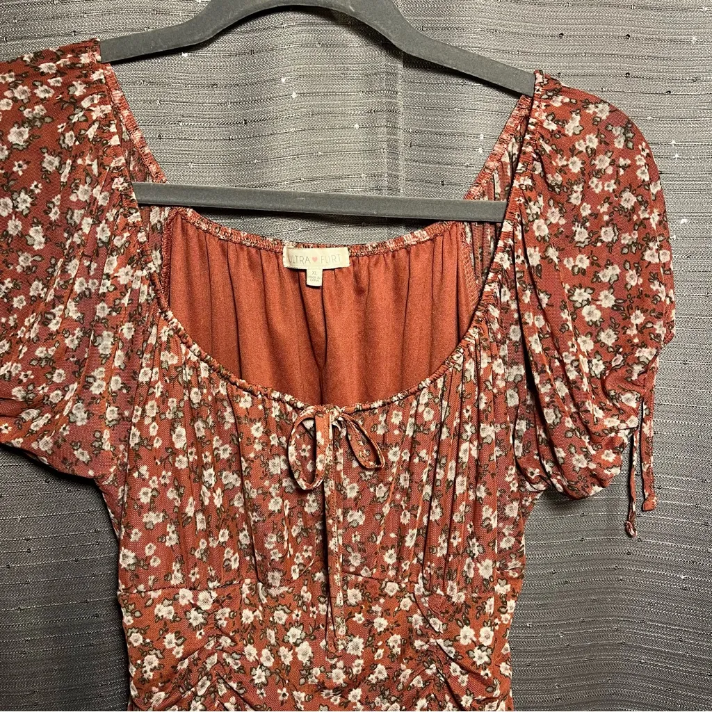 Ultra Flirt Mini Scrunch‎ Stretchy Lace Dress Dark Nude W/ Flowers Size XL - Image 5