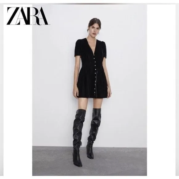 Black Velvet V-Neck Gem Rhinestone Button Front Mini‎ Glam Dress ZARA - S - Image 4