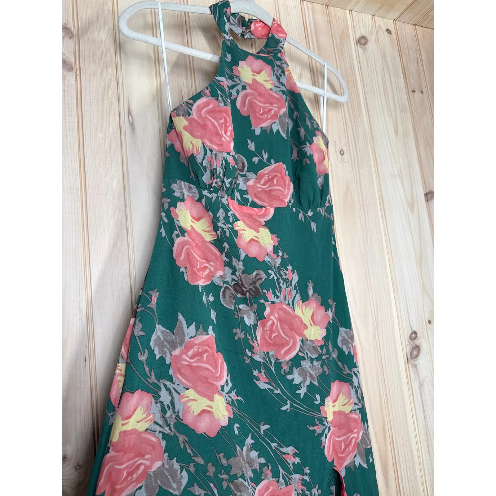 NWT Lulus Elegant Entrance Teal Green Floral Print Halter Maxi Dress High Low S - Image 4