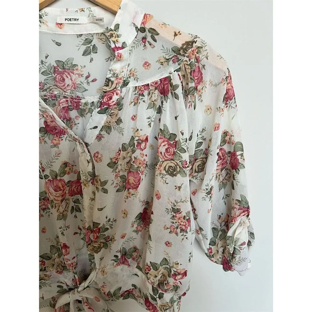 Poetry Women's Floral Sheer Blouse 3/4 Sleeve Crop Button Down Size S - Image 2