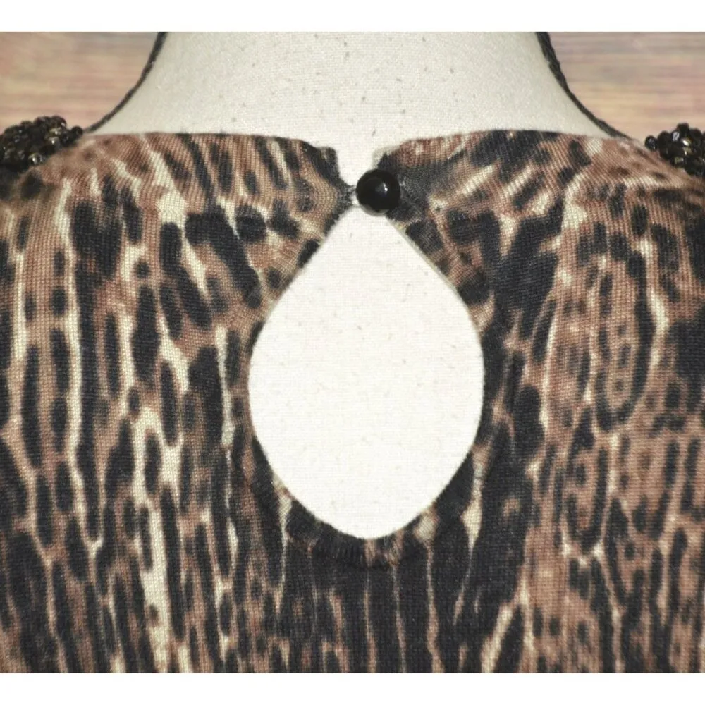 Carmen Mark Valvo Cheetah Animal Print Thin Knit Sweater Beaded Neckline Size S - Image 8