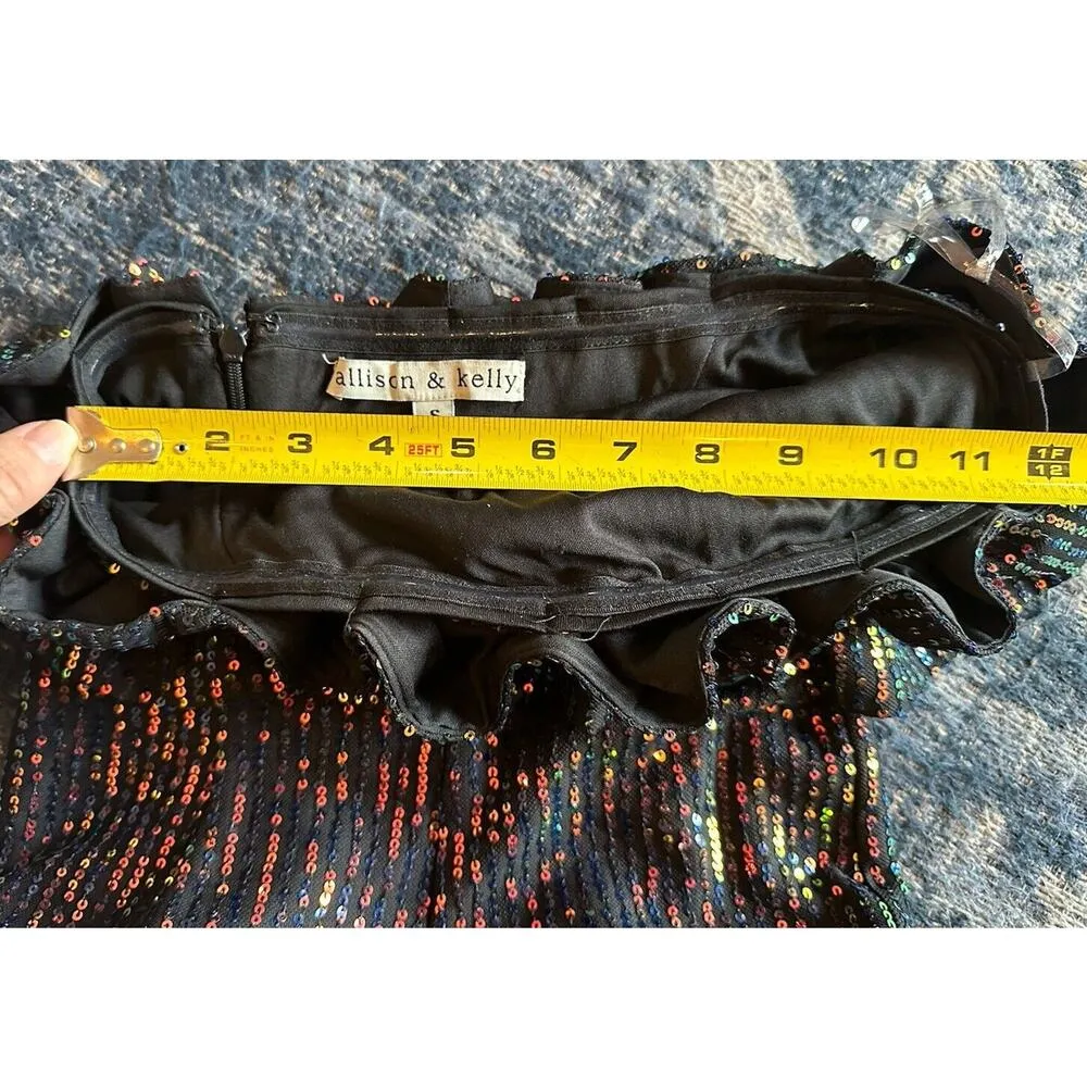 Allison & Kelly Sequin Dress Strapless Mini Sheath Ruffle Juniors Small Swiftie Black - Image 7