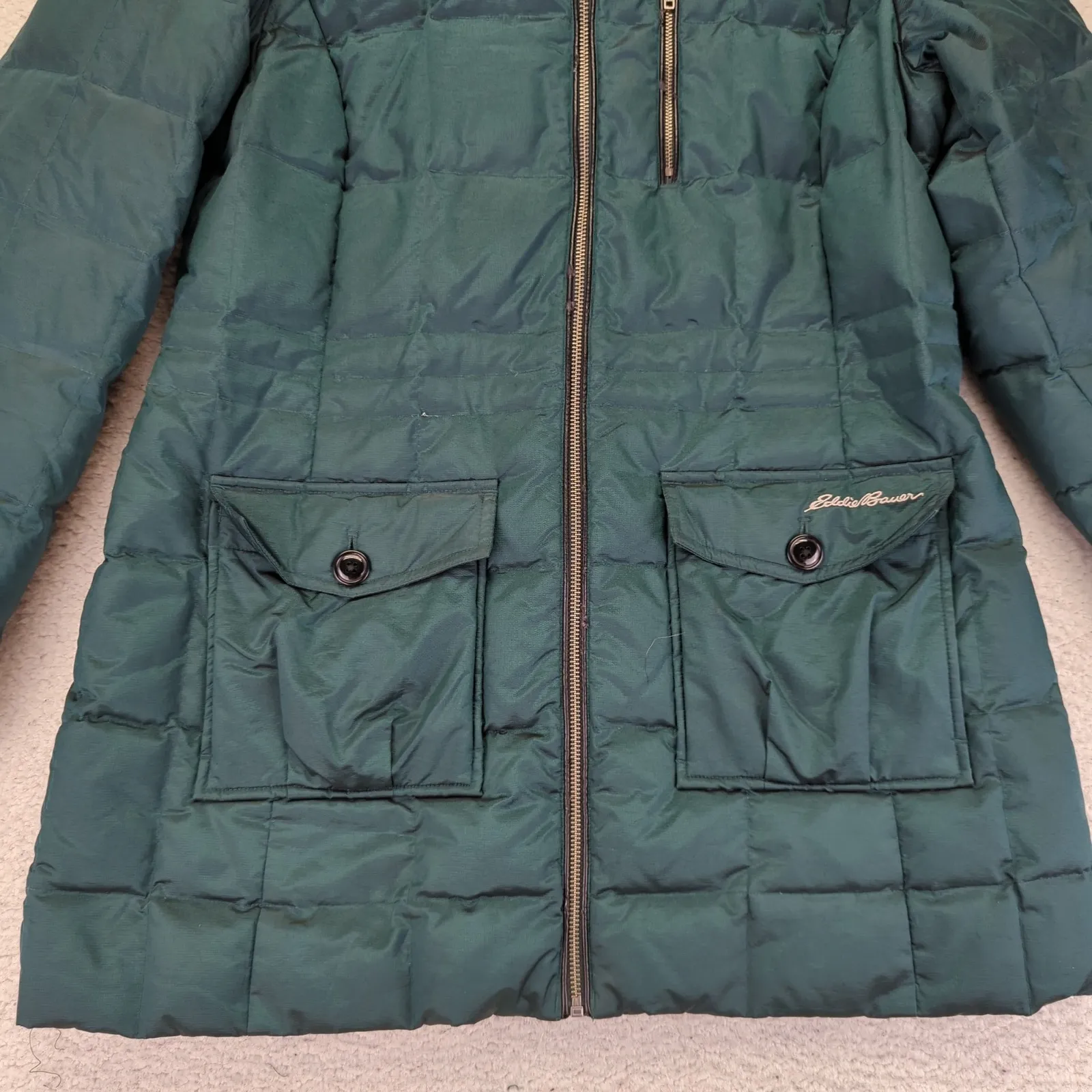 Eddie Bauer Womens Green Quilted Down Parka Faux Fur Hood Size Large Coat Jacket - Image 9