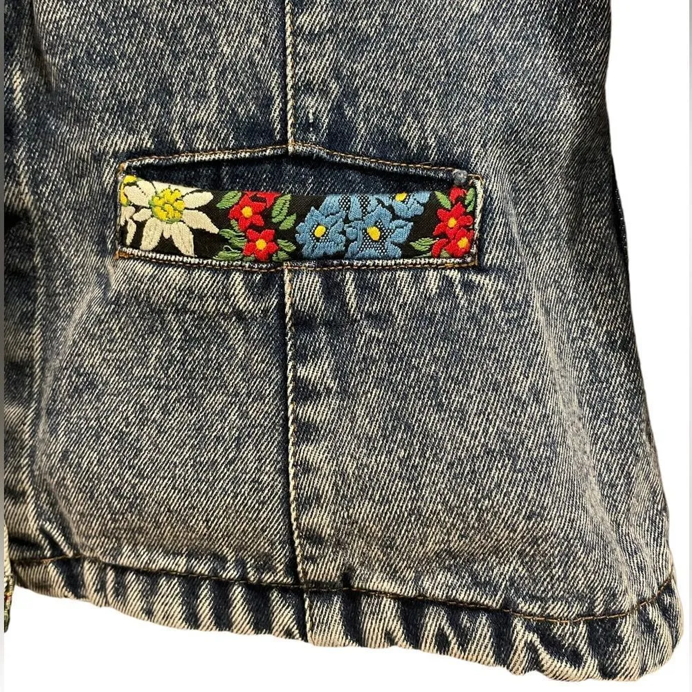 Acid Wash Hippie Eclectic Embroidered Floral Long Sleeve Lux Denim Jean Jacket Size L - Image 6
