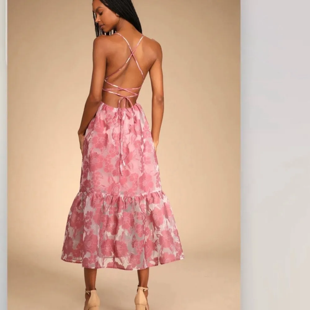 NWT Lulus Pink Feeling Like Forever Floral Organza Lace Up Midi Dress MEDIUM - Image 4