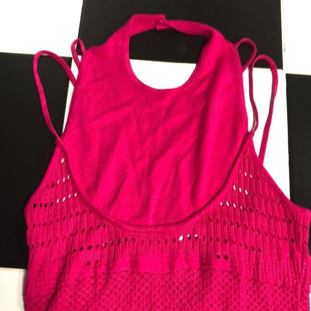 Esteban Cortazar Collective Stretchy Midi Dress Hot Pink Crochet Wedding Guest L - Image 8