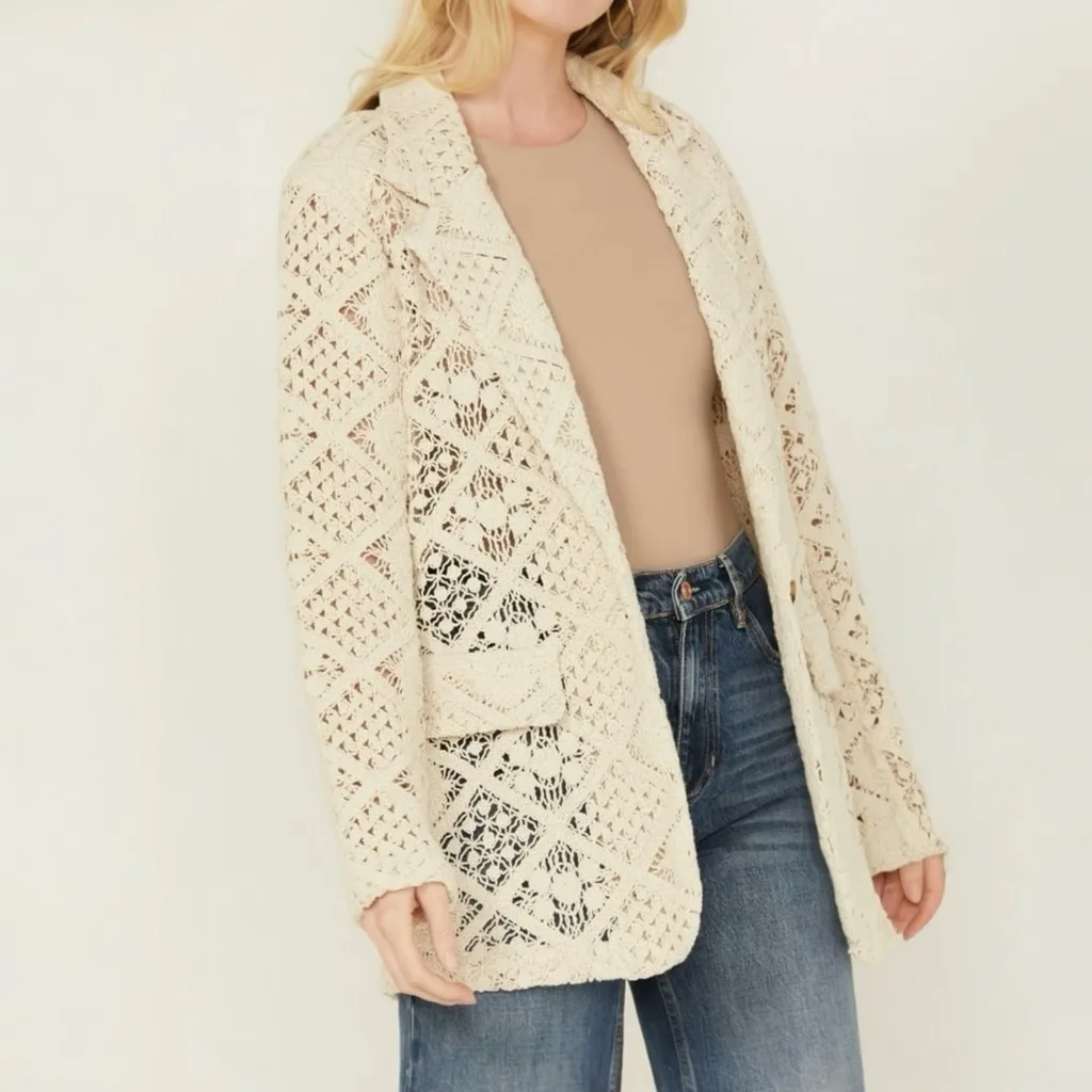 Miss Me Crochet Lace Blazer Jacket Cream Cotton Semi Sheer Size XL Coastal Boho - Image 6