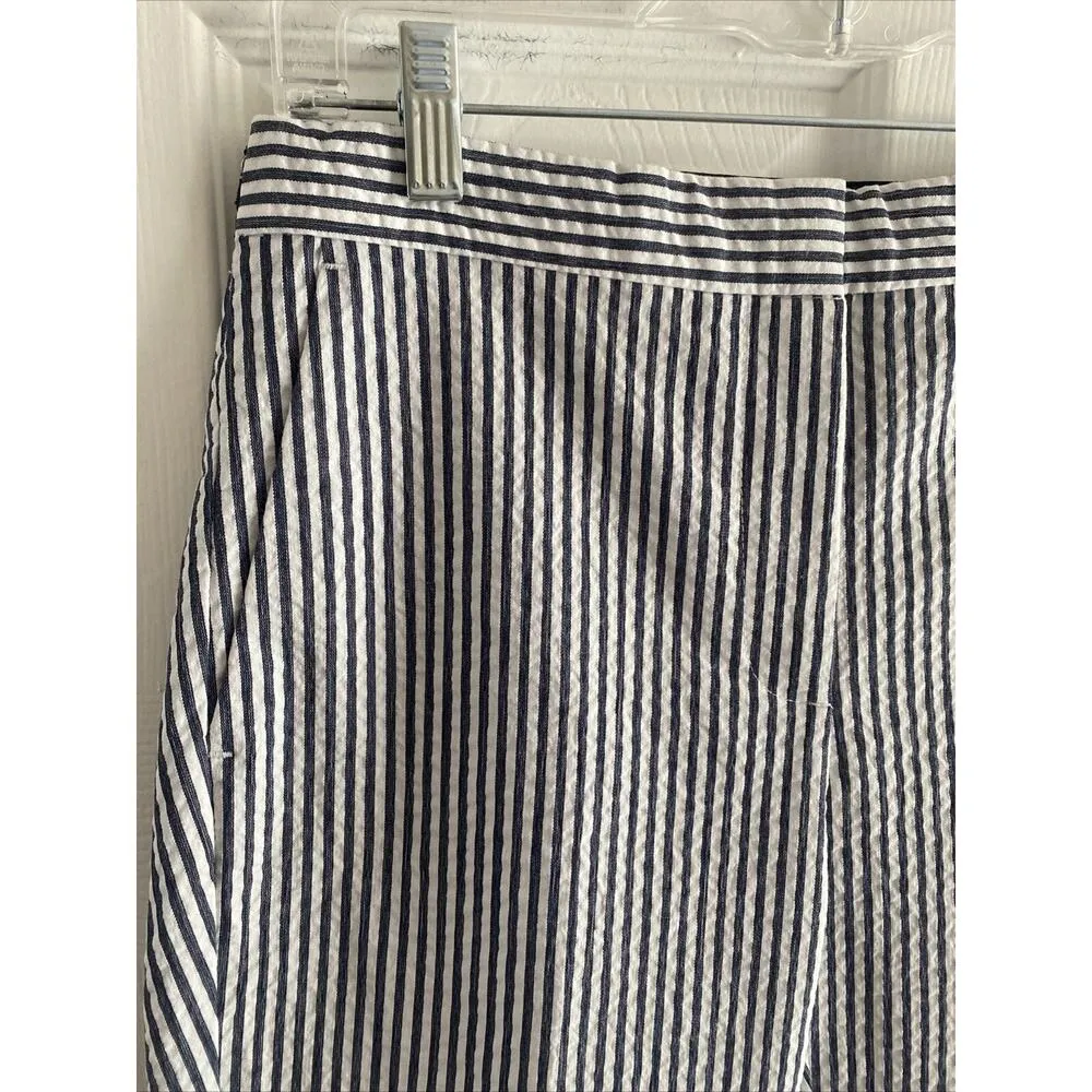 Zara Women's Medium Navy‎ Striped Seersucker Straight Leg Pants Coastal Nautical - Image 2