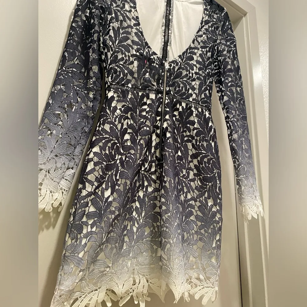 "Lilac Shade" Navy Blue Ombre Crochet Lace Overlay Backless Bodycon Fitted Dress - Image 6