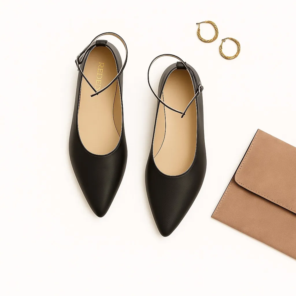 REDEN Black Leather Ballet Flats Ankle Strap 39.5 Minimalist Designer Comfort Size 8.5 - Image 11