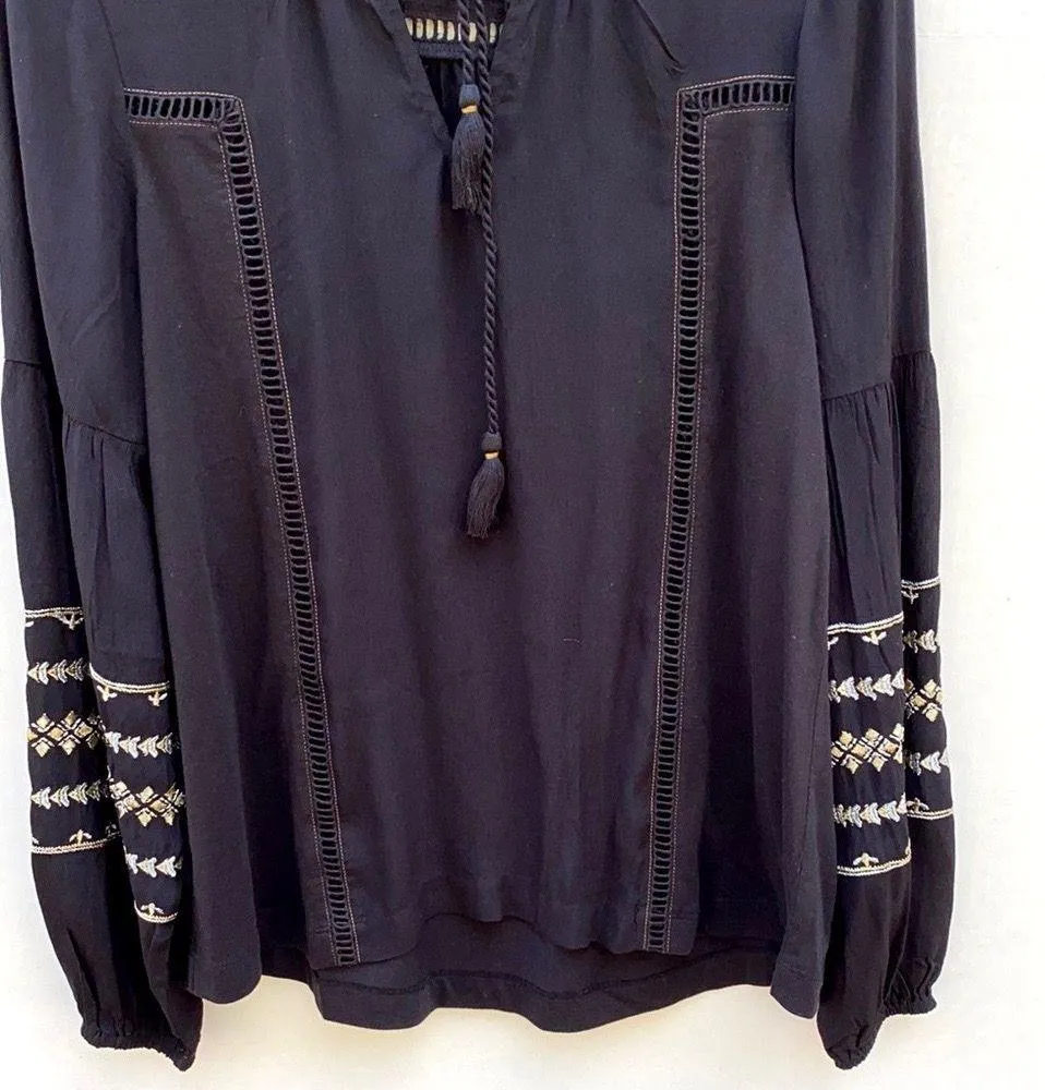 small black long sleeve boho perforated embroidered top semi sheer - Image 4