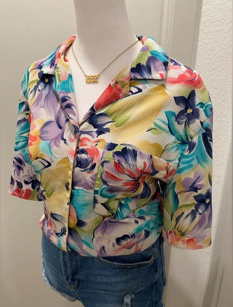 VTG 90s 80s Alfred Dunner Colorful Floral Button-Up Short Sleeve Blouse Top - 12 - Image 3