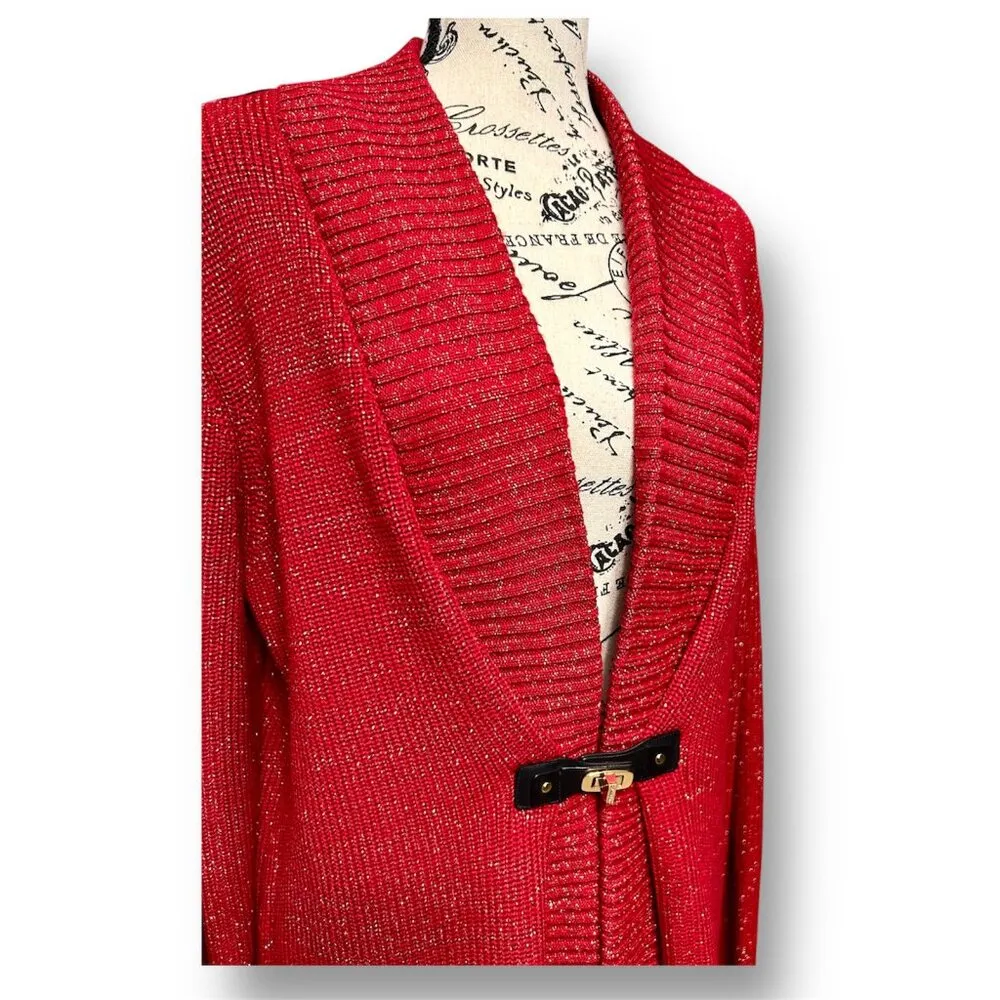 Calvin Klein Size L Red Gold Metallic‎ Cardigan Clip Front Sparkle Festive Party - Image 2