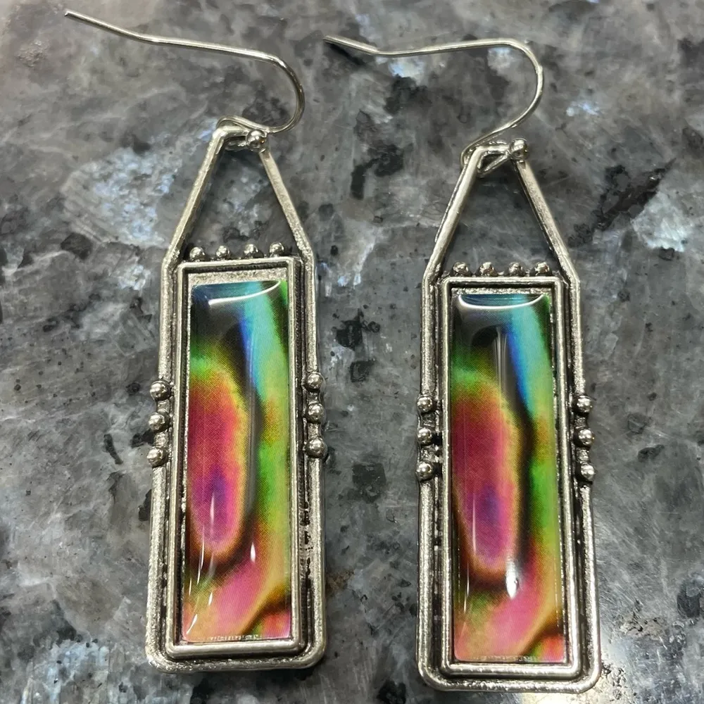 Colorful rectangular rainbow swirl enamel earrings / NWOT Red - Image 4