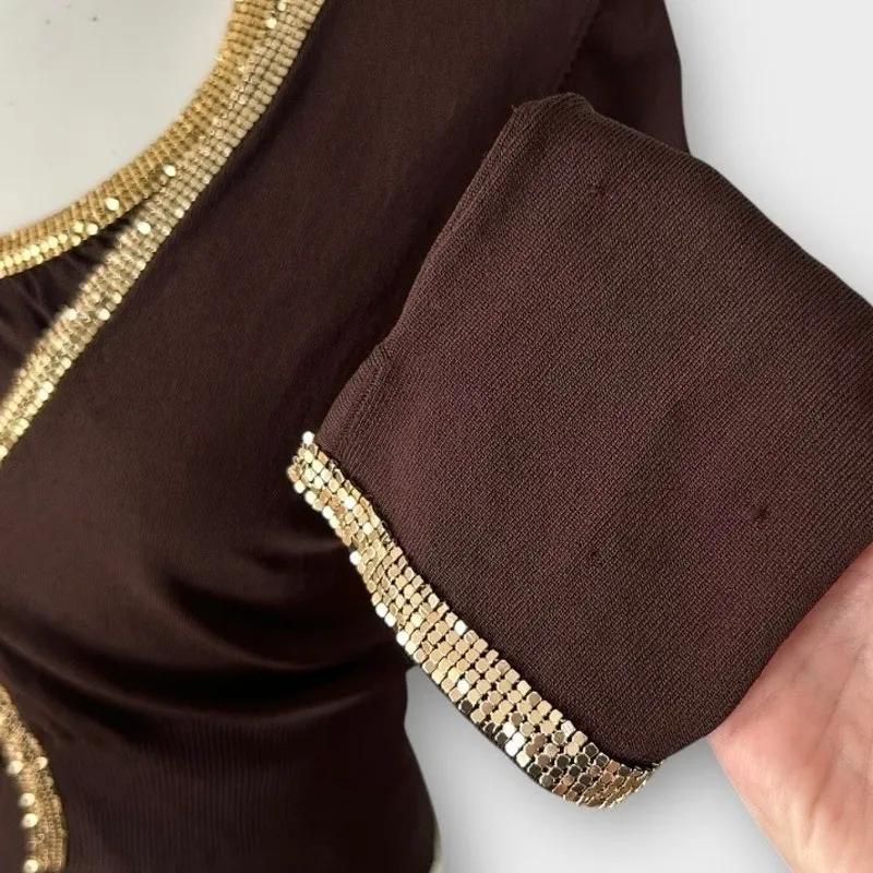 Vintage Y2K bebe Halter Top & Cardigan Set with Gold Chain Trim Brown Sz S/M - Image 8