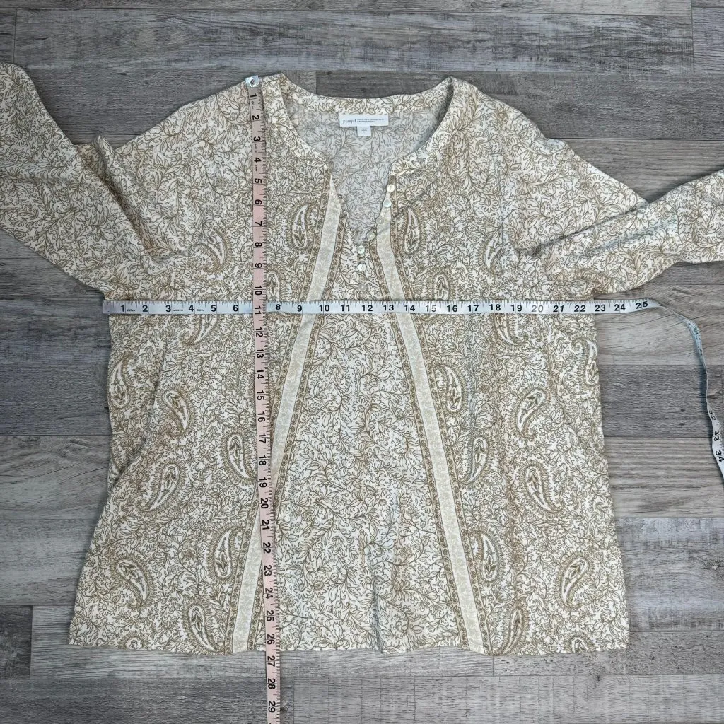 J Jill Pure Jill beige paisley floral 3/4 sleeve top button detail size large Q8 - Image 2