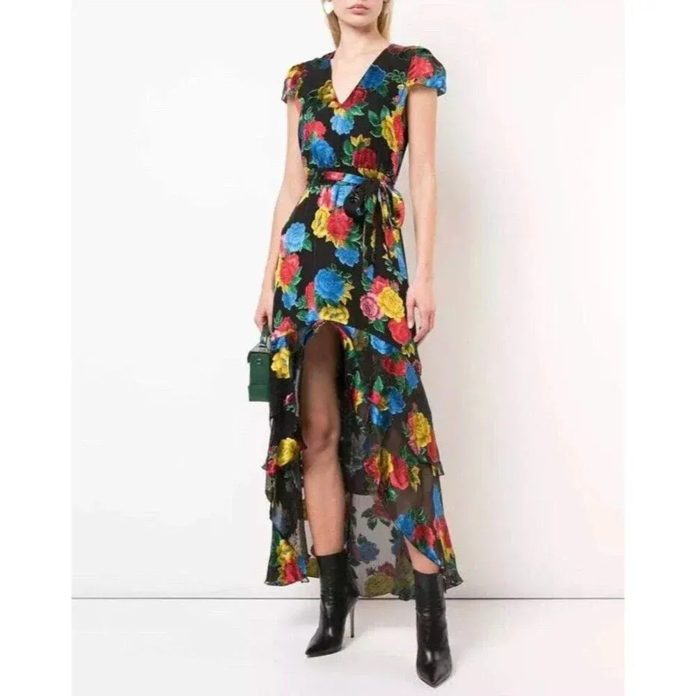 Alice And Olivia Erika Silk Ruffle Belted Tie Floral Maxi Dress Multi Size 4 - Image 3