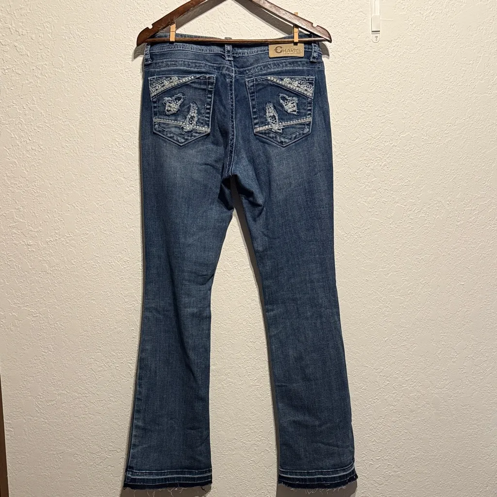 Charme Indigo Boot Cut Jeans Two Tone Raw Hem Distressed Embroidered Pockets 28 Blue - Image 9