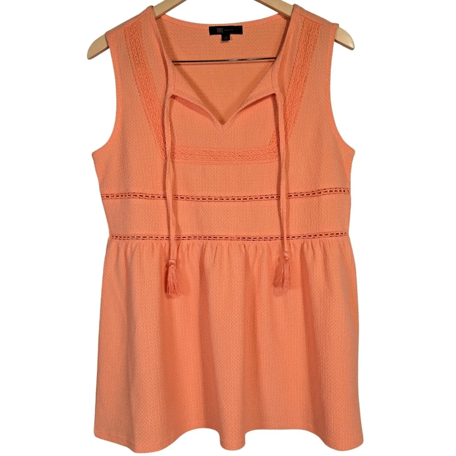 FRYE Cadmium Orange Textured Peplum Tassel Tie Neck Tank Top Shirt‎ Women's M - Image 3