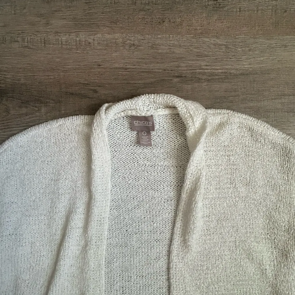 Chicos Womens Sweater Cream Knit Fringed Sweater Cardigan Short Sleeve Size 0 - Image 3