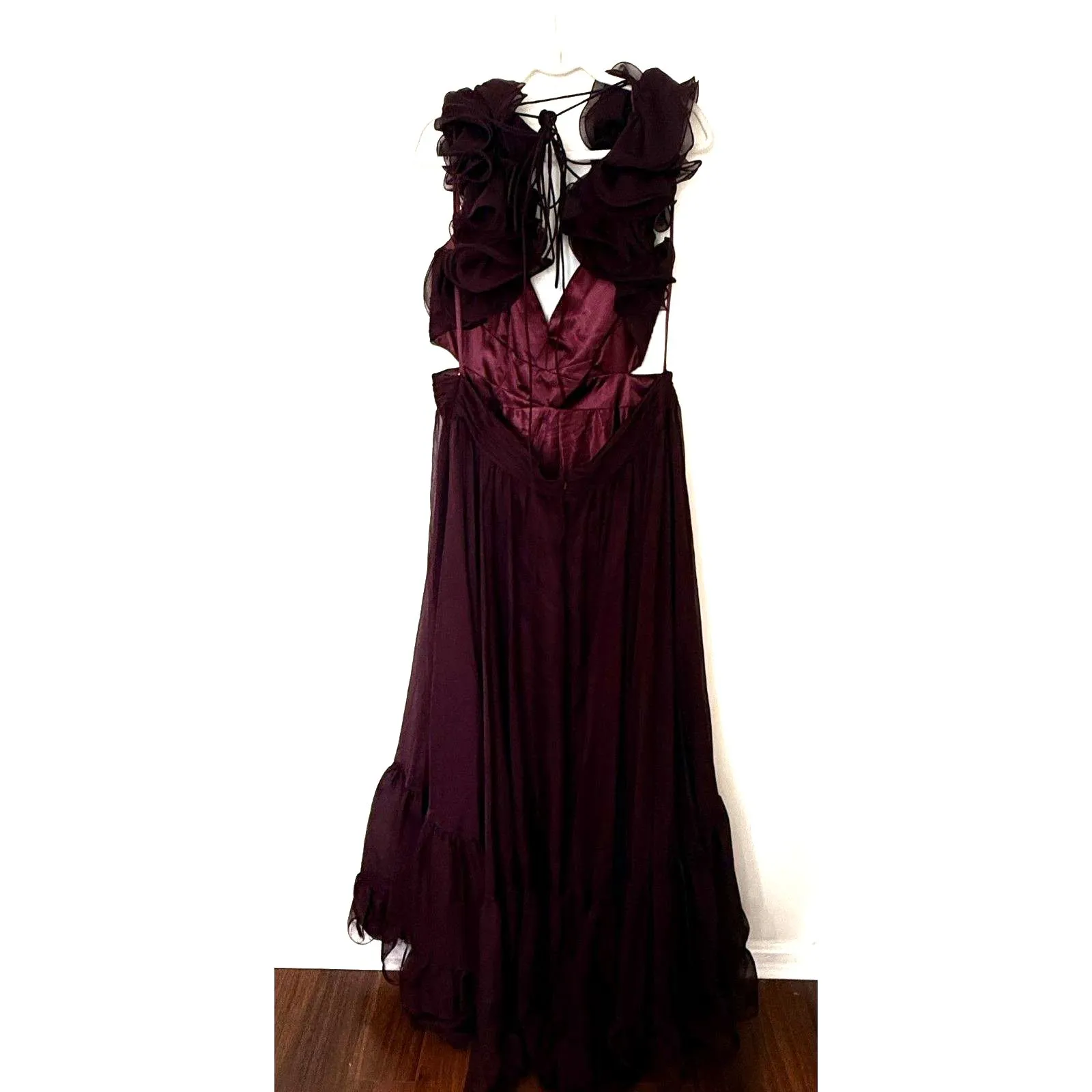 Mac Duggal Style 67911 Bordeaux Ruffle Tiered Lace Up Chiffon Cut Out Gown Sz 16 - Image 3