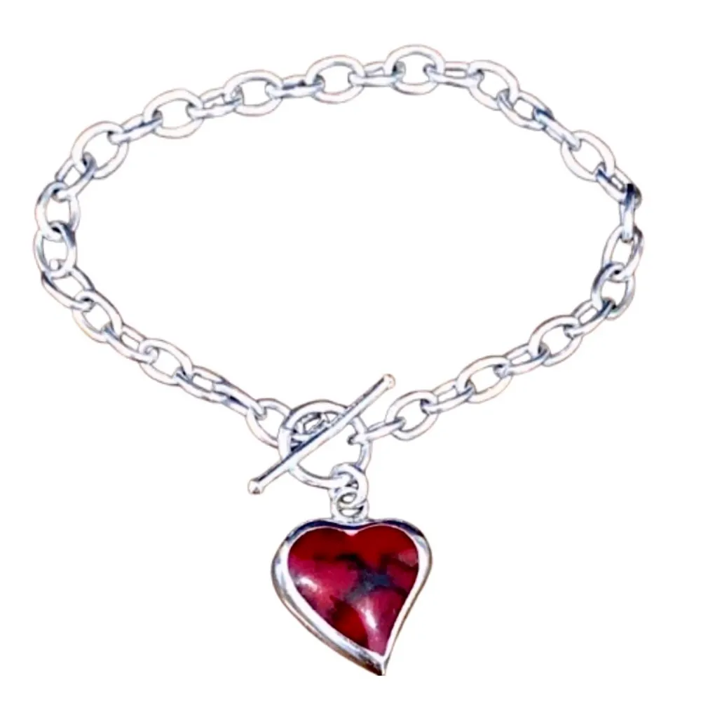 TAXCO Sterling Silver Red Jasper Heart Charm Rolo Bracelet - Image 2