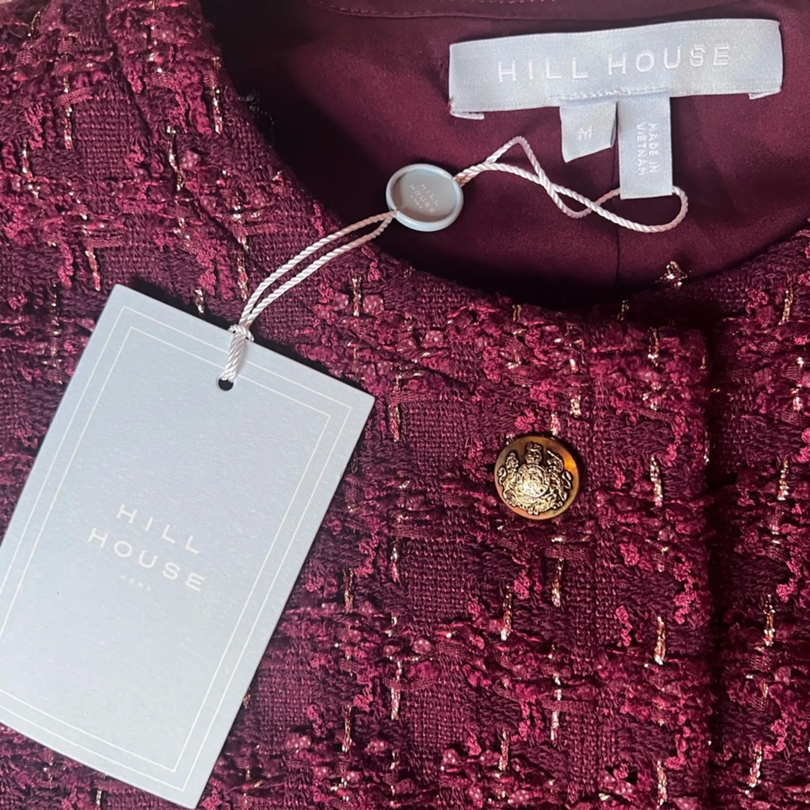 NWT Hill House Burgundy Valentina Tweed Jacket with Gold Buttons Old Money - Med - Image 5