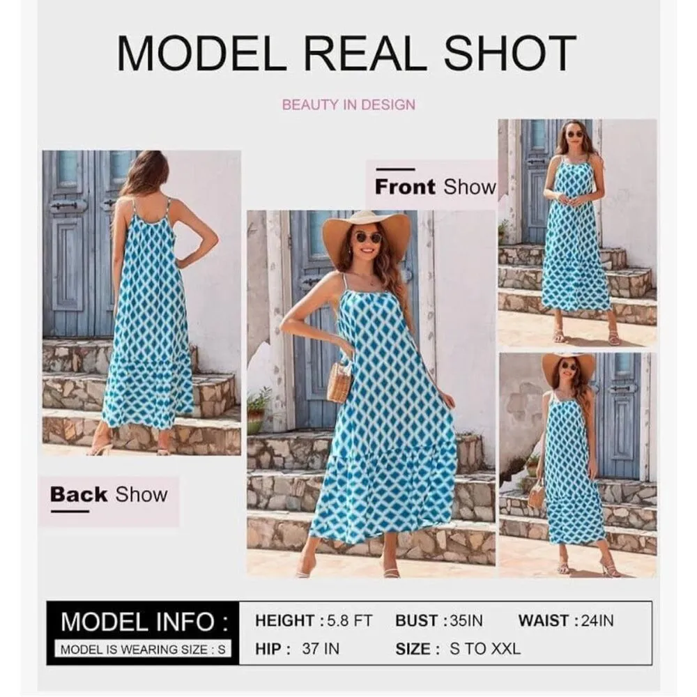 NEW Spaghetti Strap Scoop Neck Smocked Ruffle Flowy Maxi Dress S Blue - Image 5