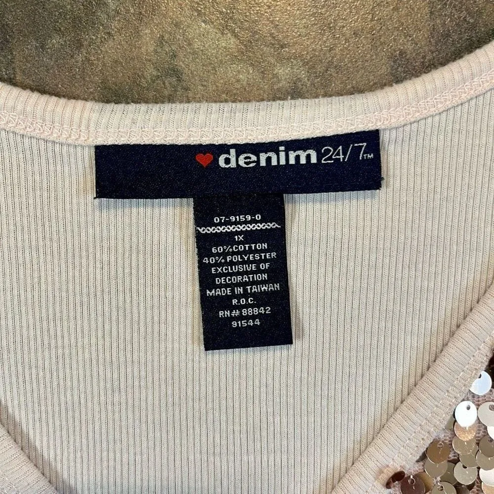 Denim 24/7 Pink Ribbed Sequin Tank Size 1X - Image 8