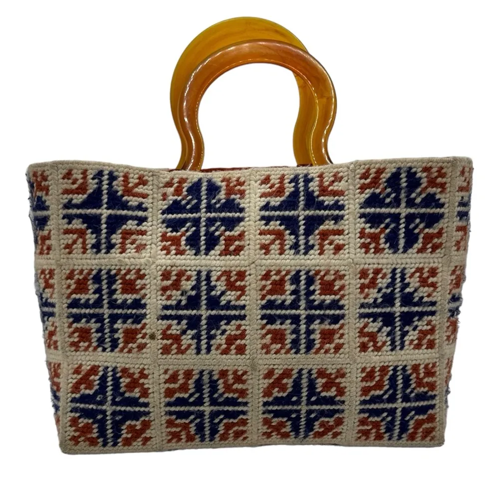 Vintage Handmade Hand Crafted Carpet Knit Bag Purse Handbag - Image 10