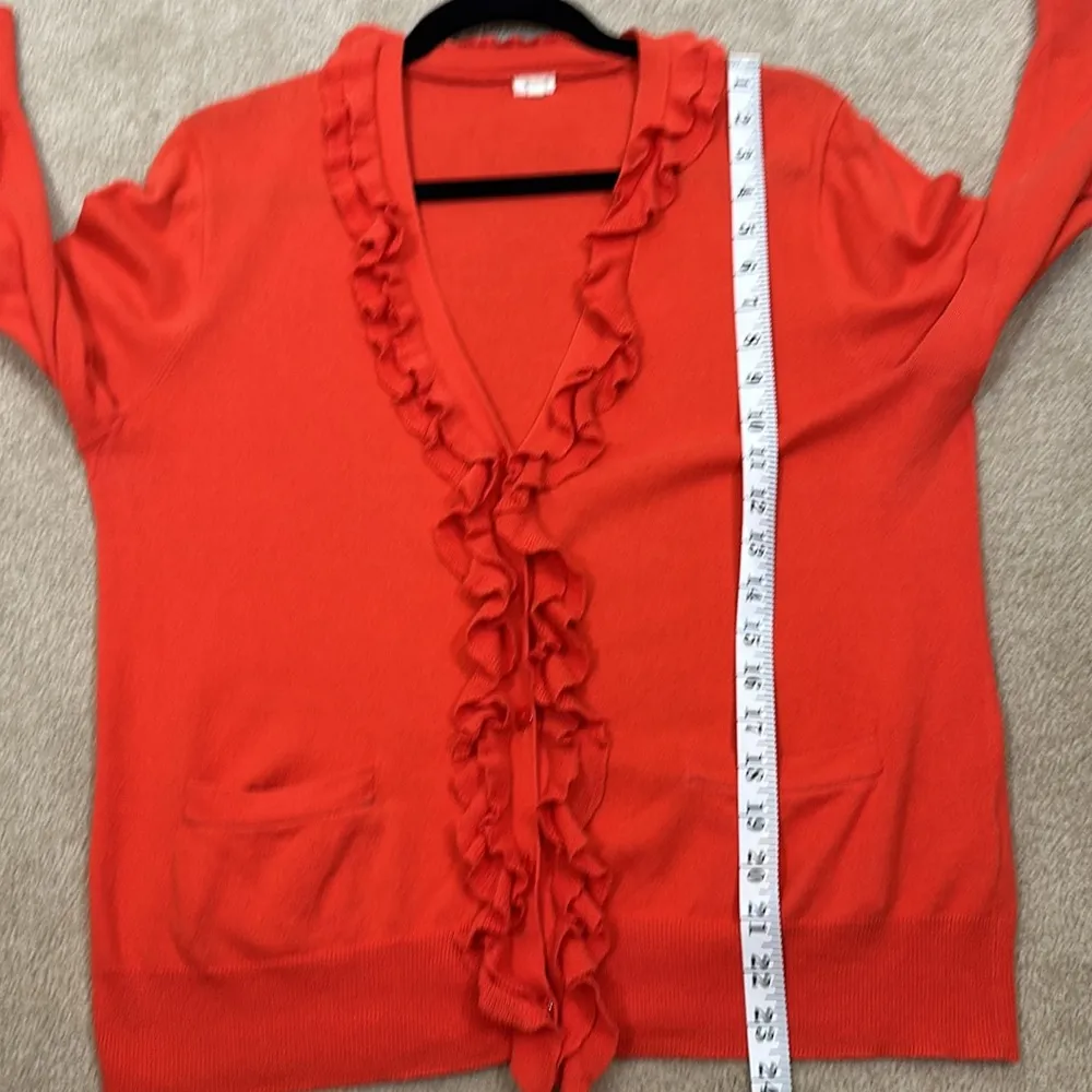 J. Crew Coral Orange Ruffle Button Front Coquette Cardigan Sweater Women Medium - Image 5