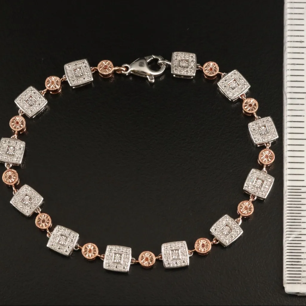 STERLING SILVER & GENUINE DIAMOND SQUARES & CIRCLES JWBR TENNIS BRACELET - Image 5