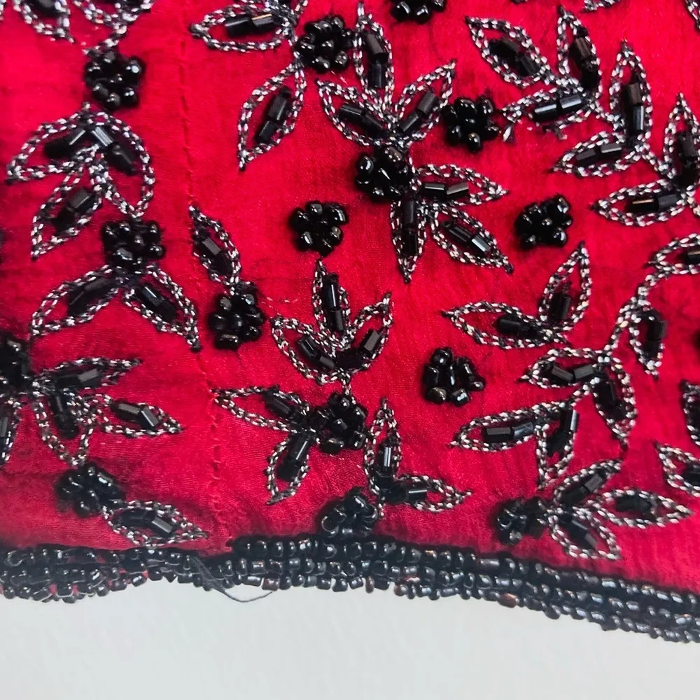 Papell Boutique vintage red silk sleeveless collared beaded evening shirt. XL - Image 5