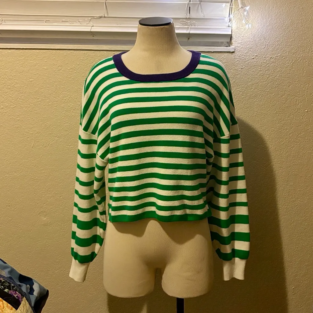 ANTHRO Daily Practice Green White Stripe Navy Round Neck Top $98 EUC M - Image 4