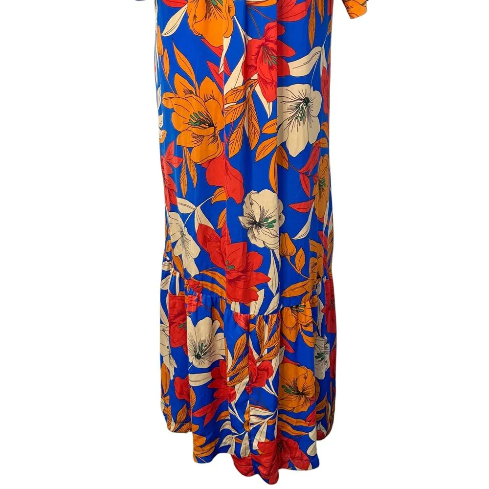 Easel Geometric Floral Maxi Dress Blue Tiered Pockets Small V Neck Boho NWT - Image 15