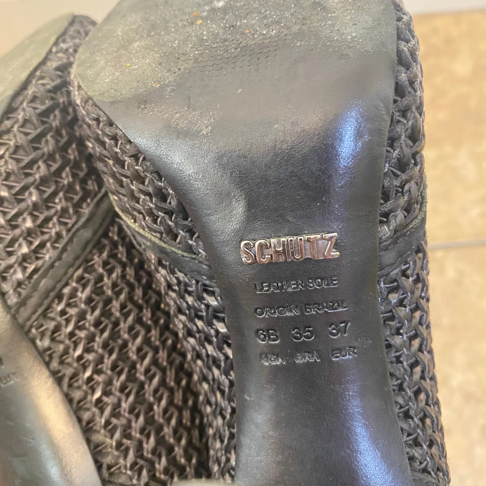 Schutz  Black Leather Suede Woven Peep Toe Stiletto Heels Pumps Size 6 - Image 10