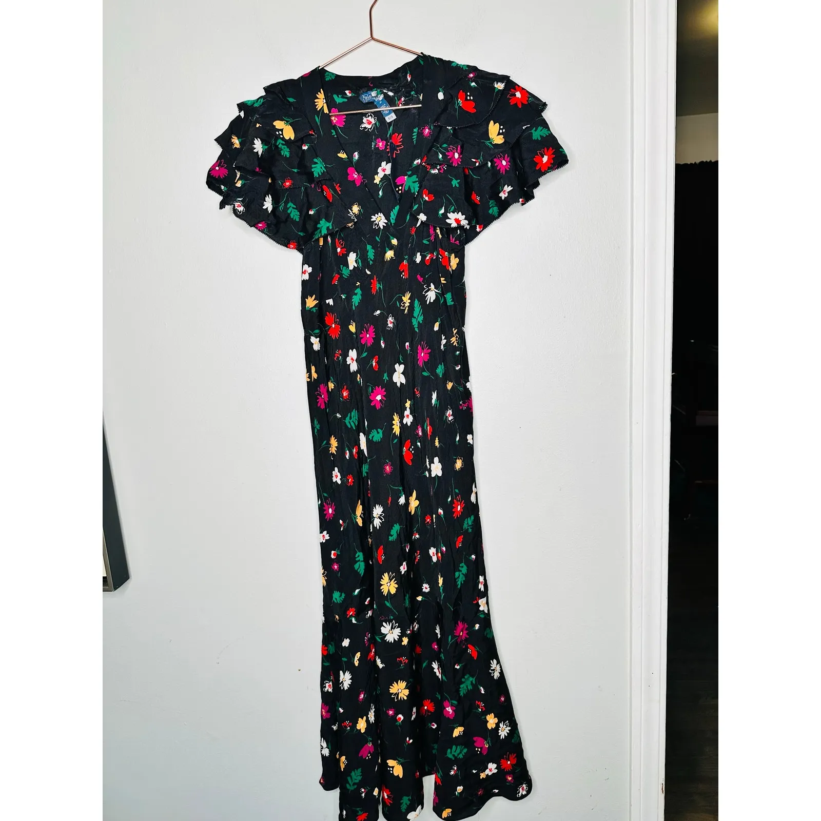 POLO RALPH LAUREN Black Floral 100% Silk Nime Midi Dress Size 8 - Image 5