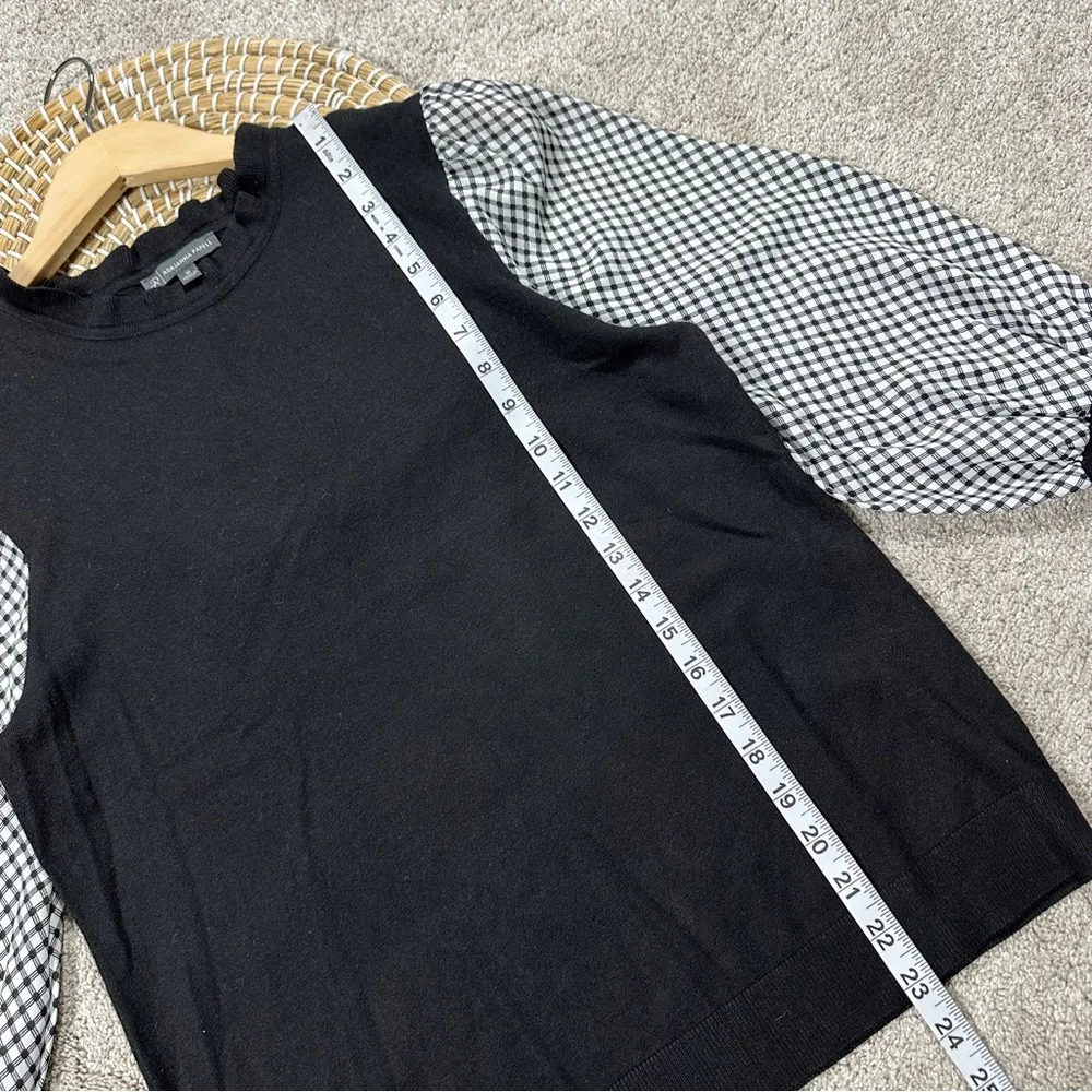 Adrianna Papell Sweater Blouse 3/4 Balloon Sleeve Gingham Ruffle Neck in Black M - Image 11