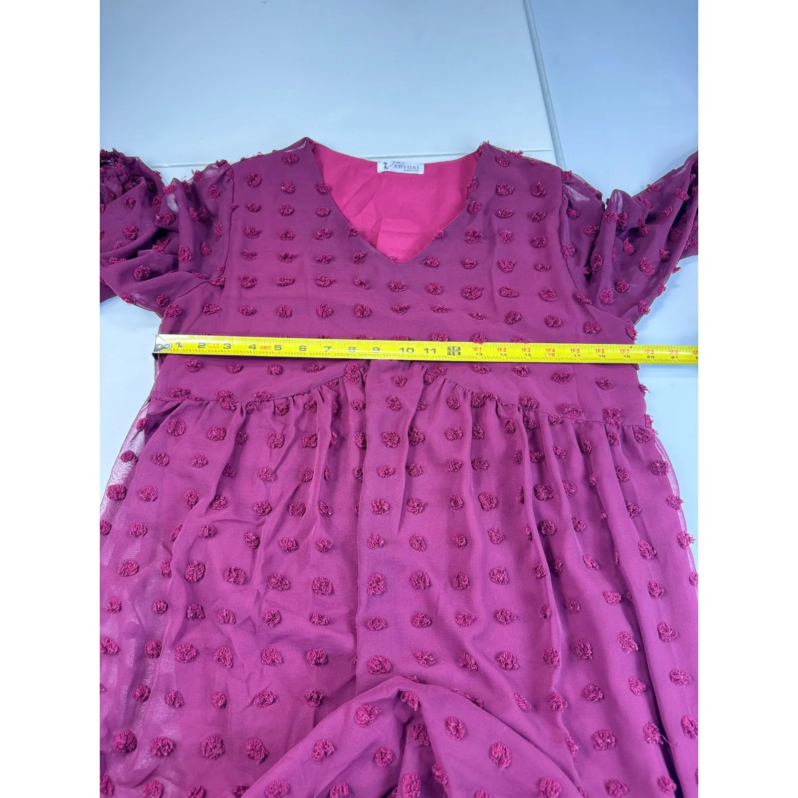 ABYOXI Burgundy Pom‎ Pom Swiss Dot Babydoll Mini Dress Long Sleeve Medium Red - Image 5